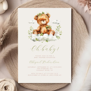 Green Watercolor Eucalyptus Teddy Bear Baby Shower Invitation