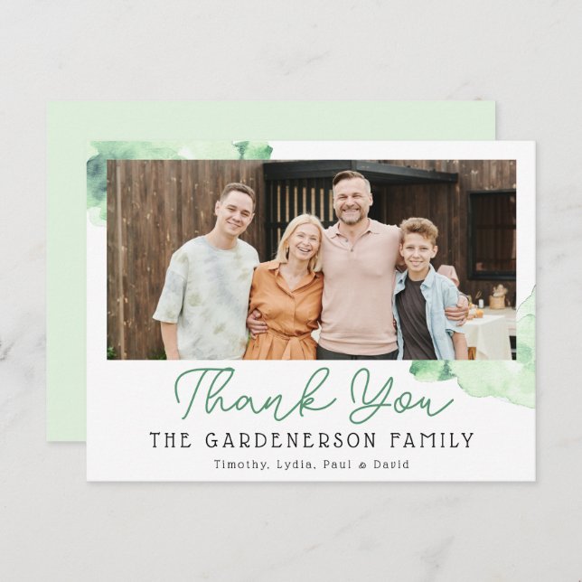 Green Watercolor Family Photo Thank You  Postcard (Front/Back)