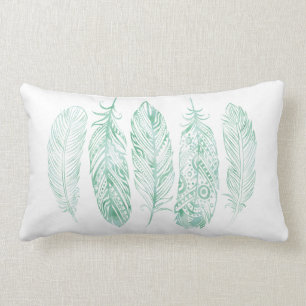 Green Watercolor Feather Tribal Print Pillow