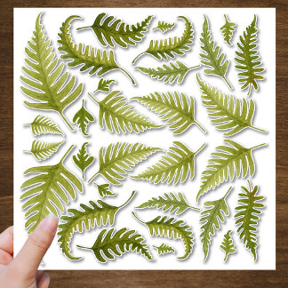 Green Watercolor Fern Leaves Contour Cut Sticker