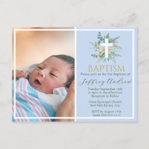 Green Watercolor Floral Faux Gold Photo Baptism Invitation Postcard