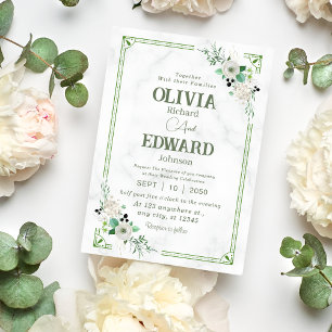 Green Watercolor Floral, Marble Background Wedding Invitation