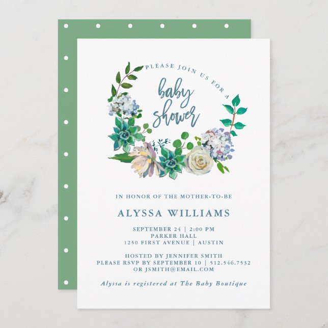 Green Watercolor Floral Succulent | Baby Shower Invitation (Front/Back)