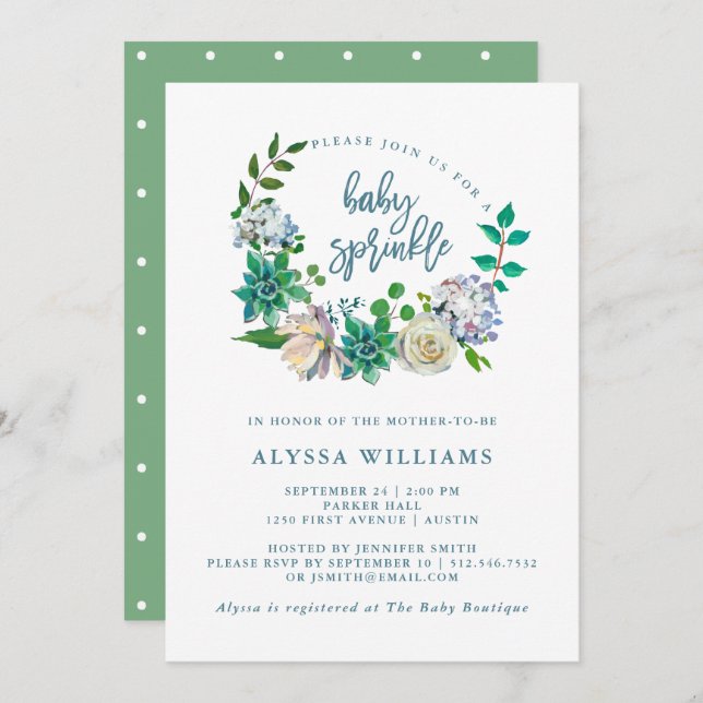 Green Watercolor Floral Succulent | Baby Sprinkle Invitation (Front/Back)