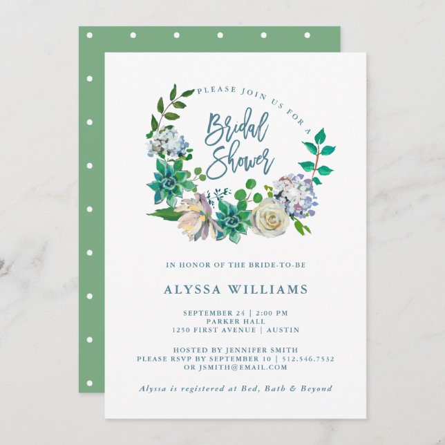 Green Watercolor Floral Succulent | Bridal Shower Invitation (Front/Back)