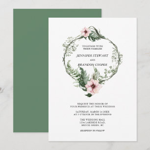 Green Watercolor Floral Wreath Wedding Invitation