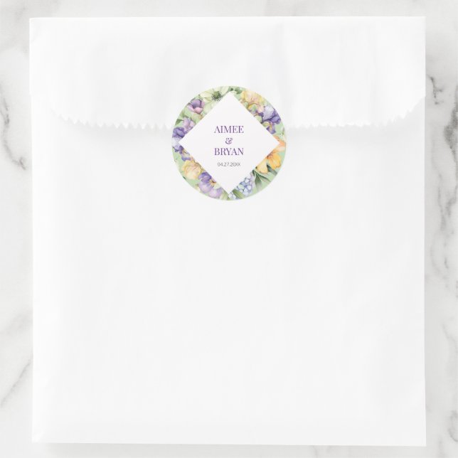 Green Watercolor Flower Wedding Classic Round Sticker (Bag)