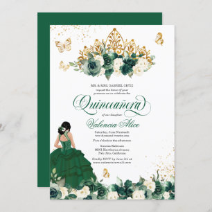 Green Watercolor Flowers Butterfly Quinceanera  Invitation