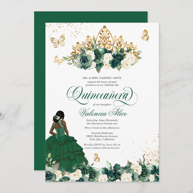 Green Watercolor Flowers + Butterfly Quinceanera Invitation (Front/Back)