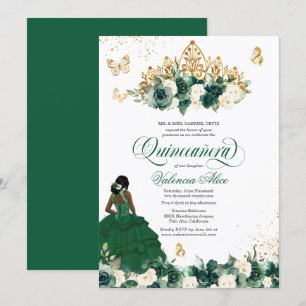 Green Watercolor Flowers + Butterfly Quinceanera Invitation