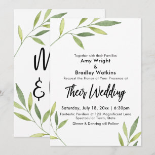 Green Watercolor Foliage Modern Wedding Invitation