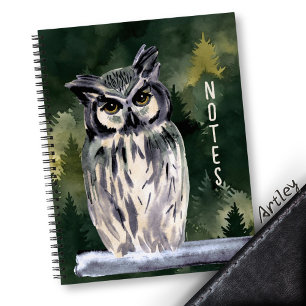 Green Watercolor Forest Owl Personal Journal  