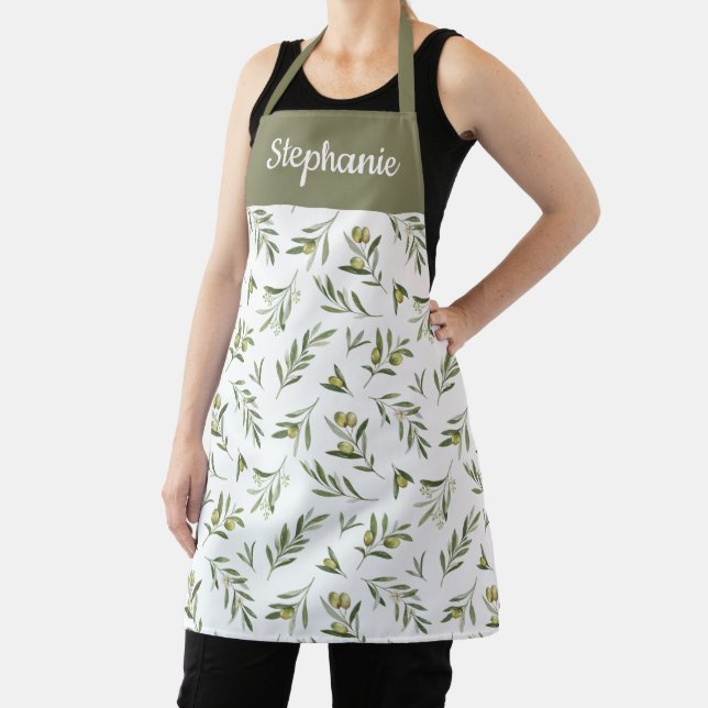 Green Watercolor French Country Olive Custom Name Apron (Insitu)