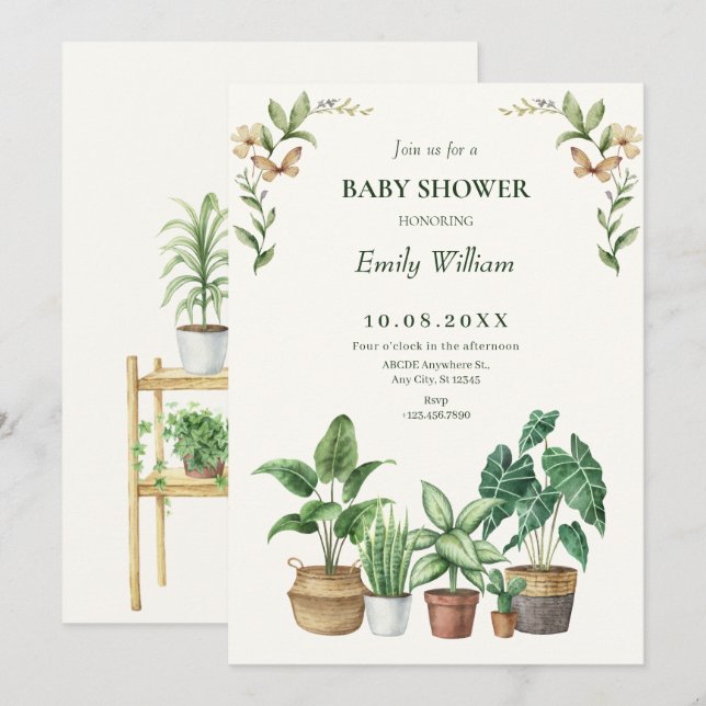 Green watercolor gardening plants baby shower invitation (Front/Back)