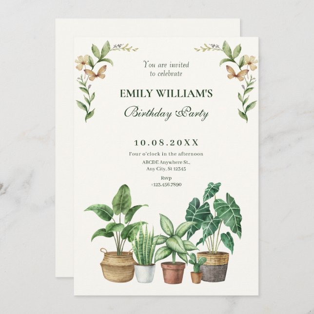 Green watercolor gardening plants birthday invitation (Front/Back)