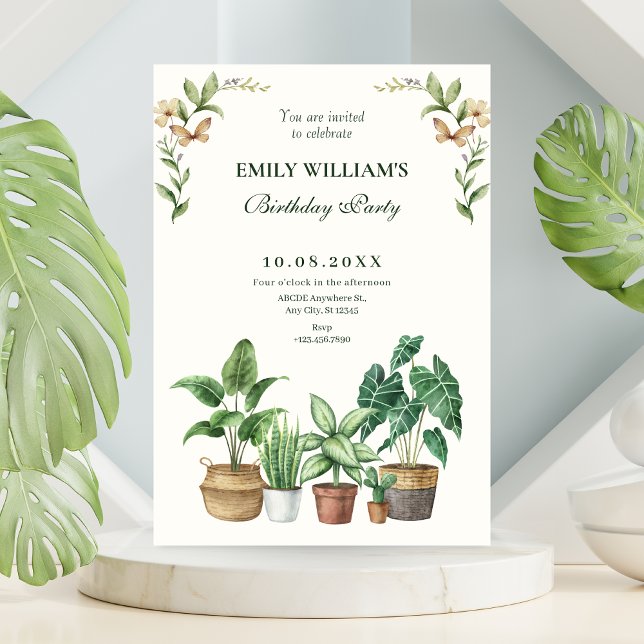 Green watercolor gardening plants birthday invitation (Creator Uploaded)