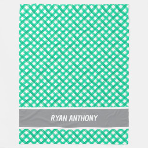 Green Watercolor Gingham Plaid Chequered Name Fleece Blanket