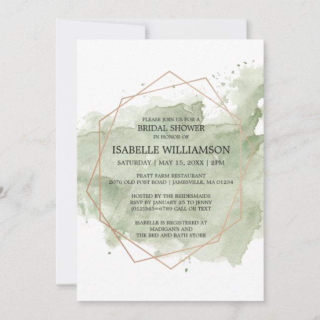 Green Watercolor & Gold Bridal Shower Invitations (Front)