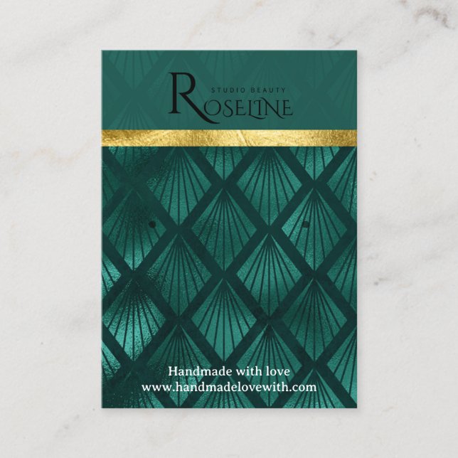 Green watercolor gold glitter Earring Display Business Card (Front)