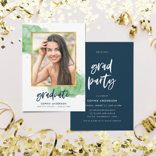 Green Watercolor Gold Photo Graduate Grad Party Invitation