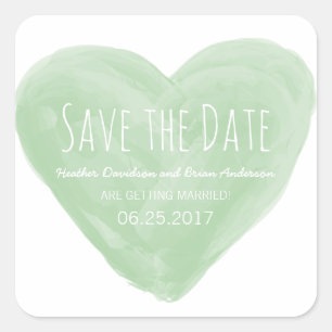 Green Watercolor Heart Save the Date Stickers