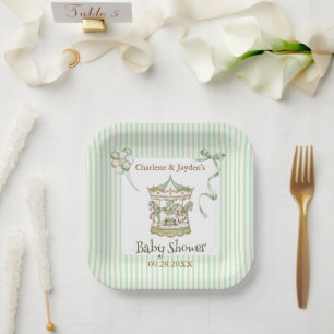 Green Watercolor Horse Carousel Baby Shower Paper Plate