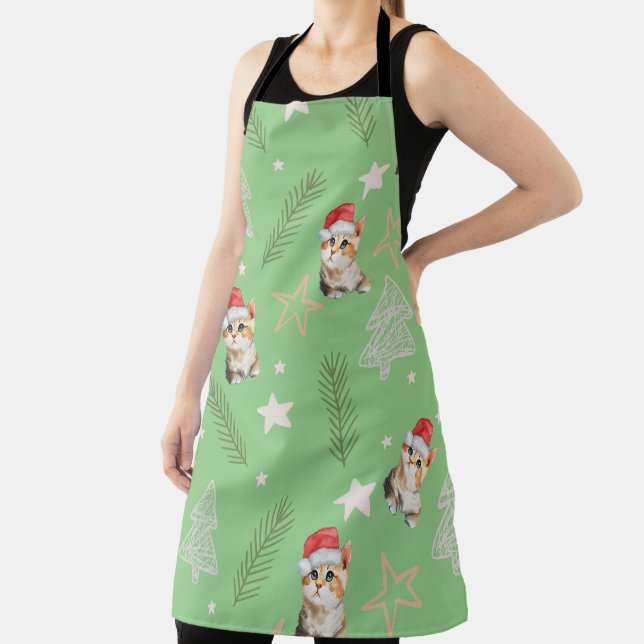 Green watercolor kitten cat Santa Merry Christmas  Apron (Insitu)