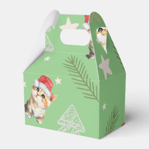Green watercolor kitten cat Santa Merry Christmas Favour Box