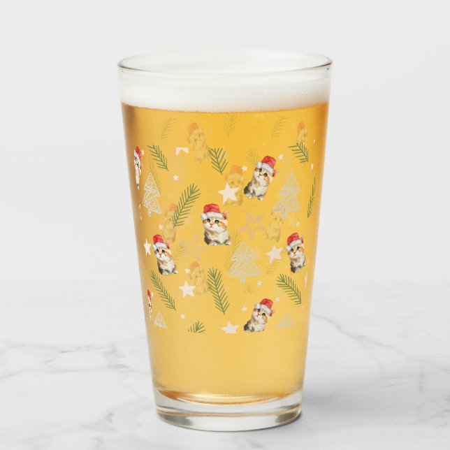 Green watercolor kitten cat Santa Merry Christmas  Glass (Back Filled)