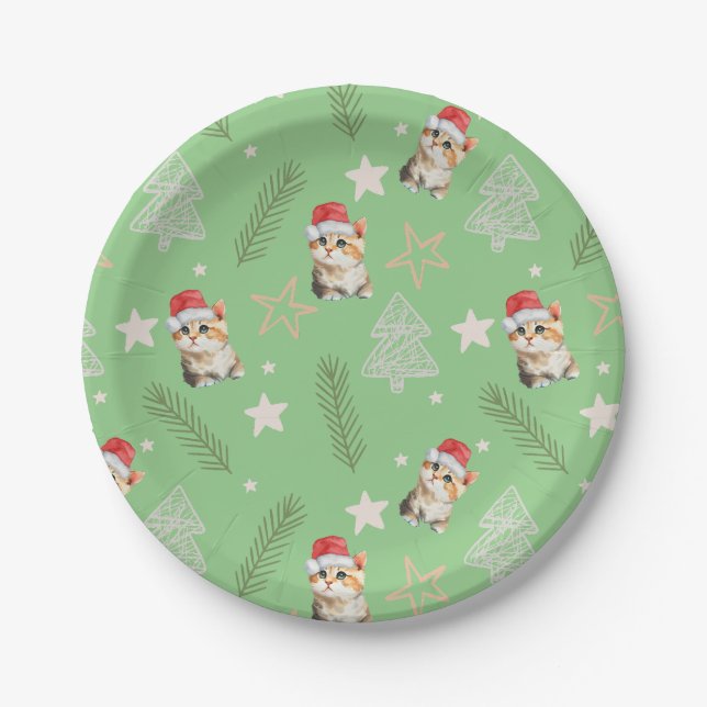 Green watercolor kitten cat Santa Merry Christmas  Paper Plate (Front)