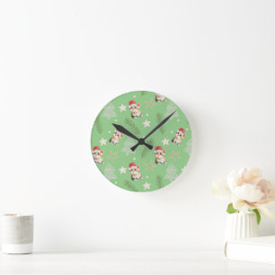 Green watercolor kitten cat Santa Merry Christmas Round Clock