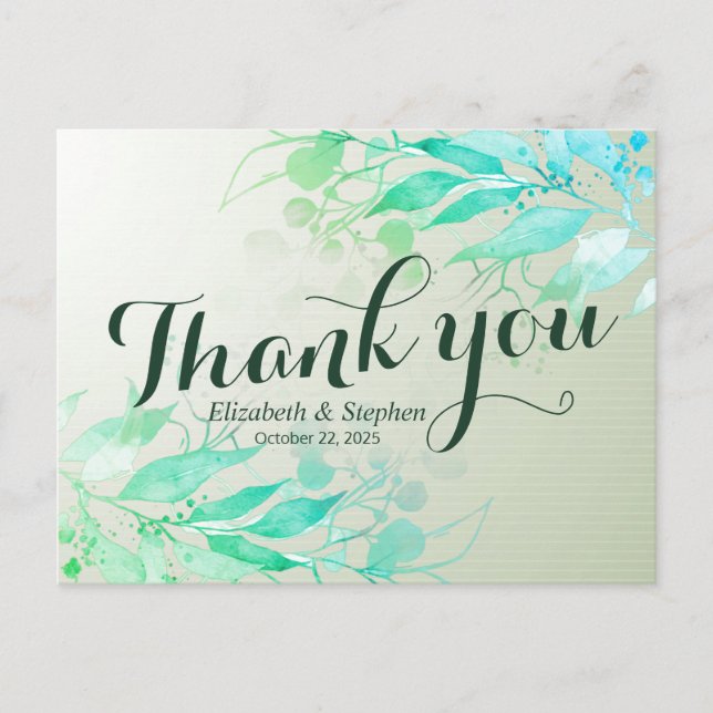 Green Watercolor Leaf Botanical Wedding Thank You Postcard (Front)