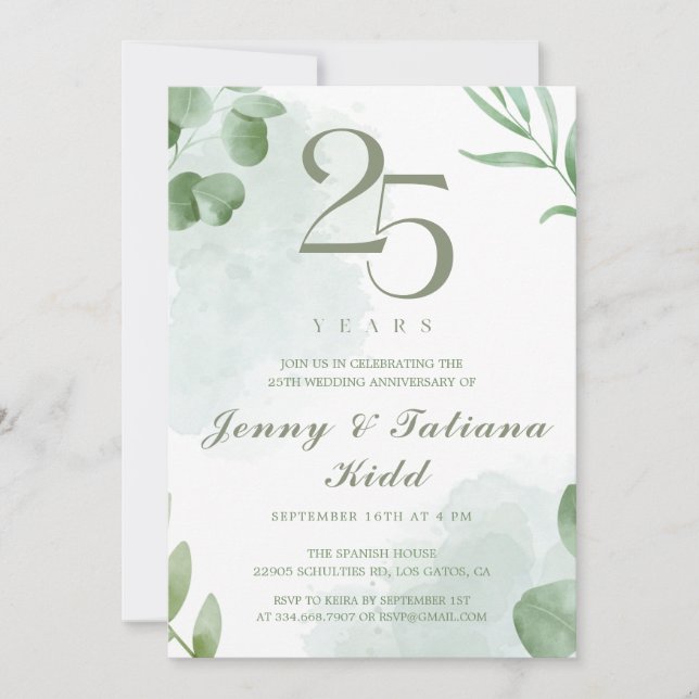 Green Watercolor Leaves 25th Wedding Anniversary  Invitation (Front)