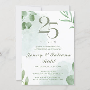 Green Watercolor Leaves 25th Wedding Anniversary  Invitation