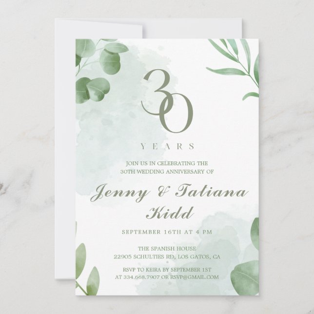 Green Watercolor Leaves 30th Wedding Anniversary  Invitation (Front)
