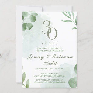 Green Watercolor Leaves 30th Wedding Anniversary  Invitation