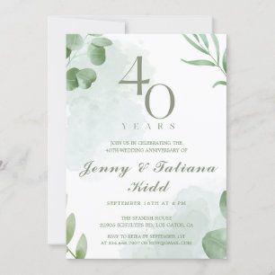 Green Watercolor Leaves 40th Wedding Anniversary Invitation