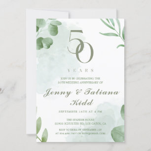 Green Watercolor Leaves 50th Wedding Anniversary Invitation