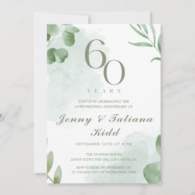 Green Watercolor Leaves 60th Wedding Anniversary  Invitation (Front)