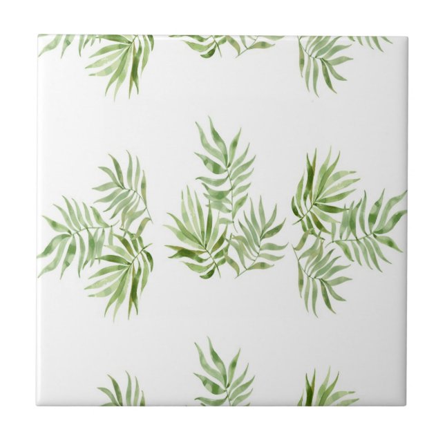 Green watercolor leaves pattern ceramic tile (Front)