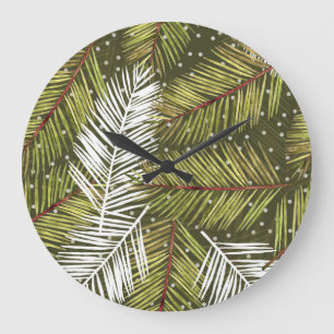 Green Watercolor Leaves: Seamless Illustration Large Clock