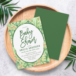Green Watercolor Leaves Tropical Baby Shower Invitation
