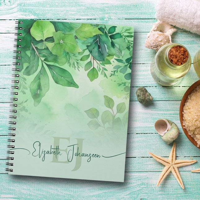 Green Watercolor Leaves Tropical Nature Monogram Notebook (Creator Uploaded)