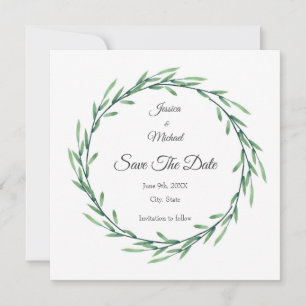 Green Watercolor Leaves Wreath Save The Date