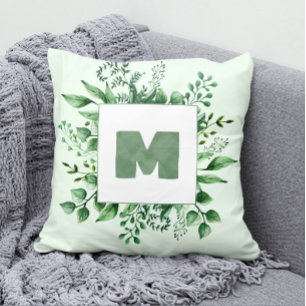 Green Watercolor Monogram & Leaves on Mint Cushion