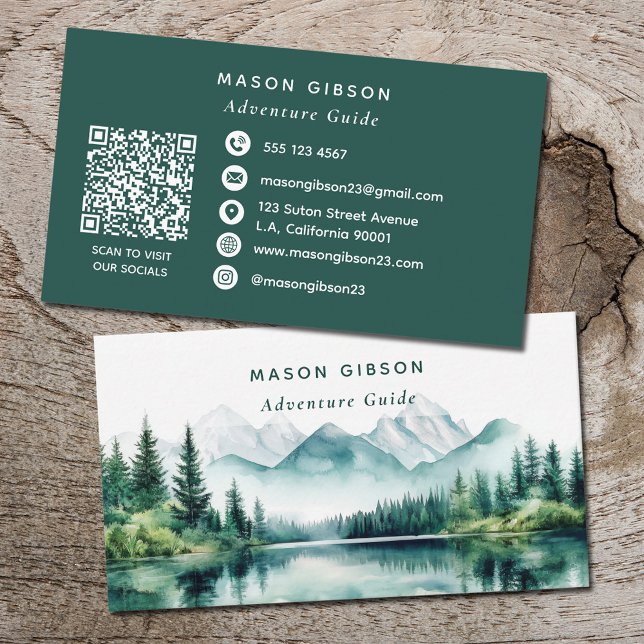 Green Watercolor Mountain Adventure Guide Qr Code  Business Card (Creator Uploaded)