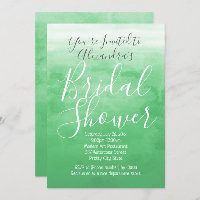 Green Watercolor Ombre Modern Bridal Shower Invitation (Front/Back)