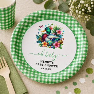 green Watercolor One Lucky Duck Boy 1st Birthday Paper Plate