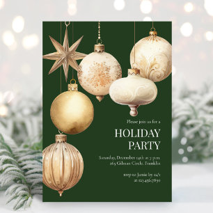 Green Watercolor Ornaments Holiday Christmas Party Invitation