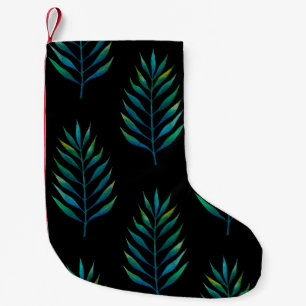 Green watercolor palm leaves on a black background small christmas stocking